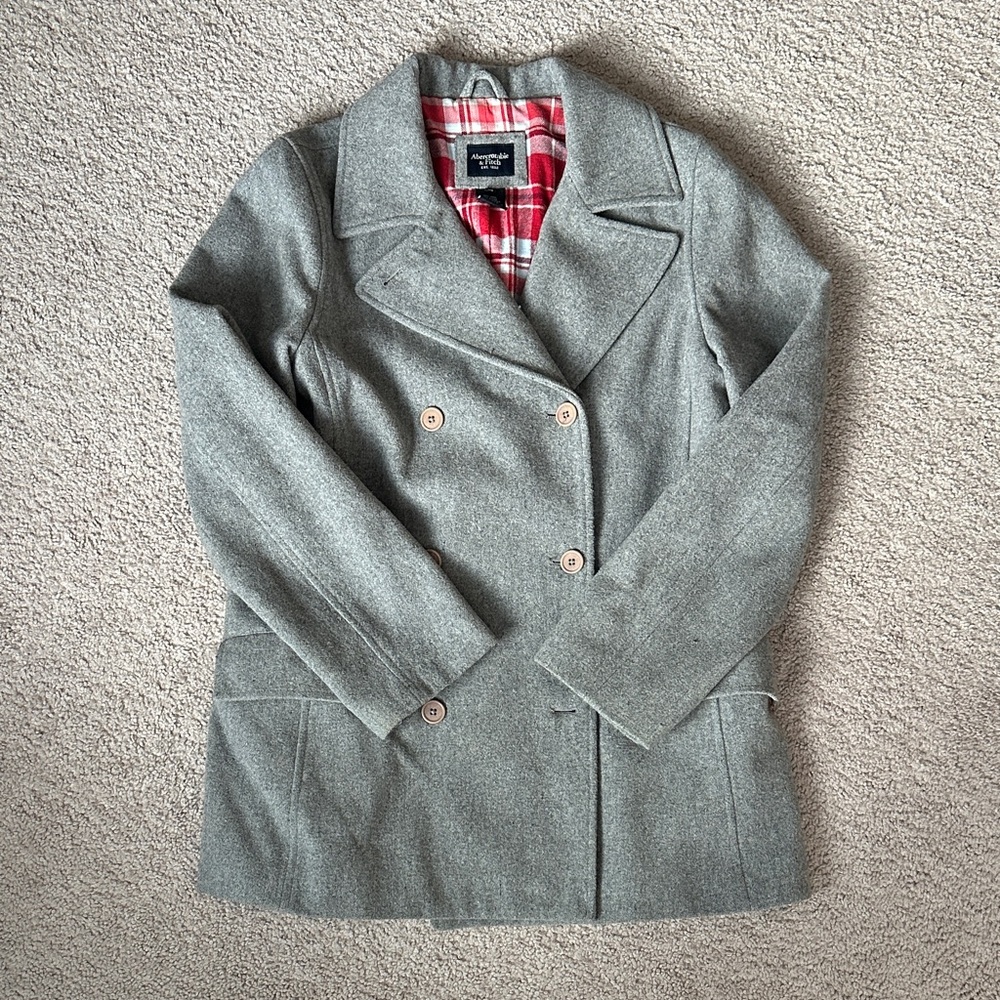 Vintage Abercrombie & Fitch Gray Pea Coat with Red Plaid Lining- Medium